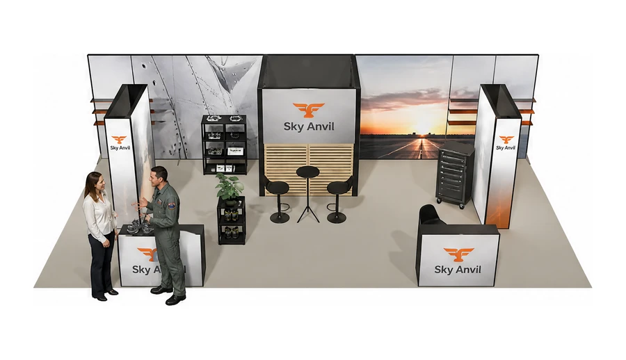Stoisko 10 × 5 m półwyspowe dla branży lotnictwo, przykładowa marka Sky Anvil