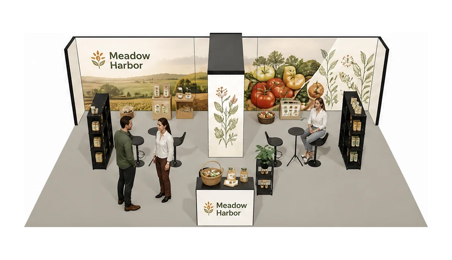 Stoisko 10 × 6 m półwyspowe dla branży żywność ekologiczna, przykładowa marka Meadow Harbor