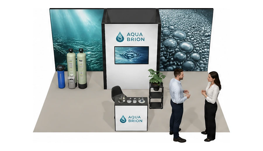 Stoisko 6 × 4 m półwyspowe dla branży technologie wodne, przykładowa marka Aqua Brion