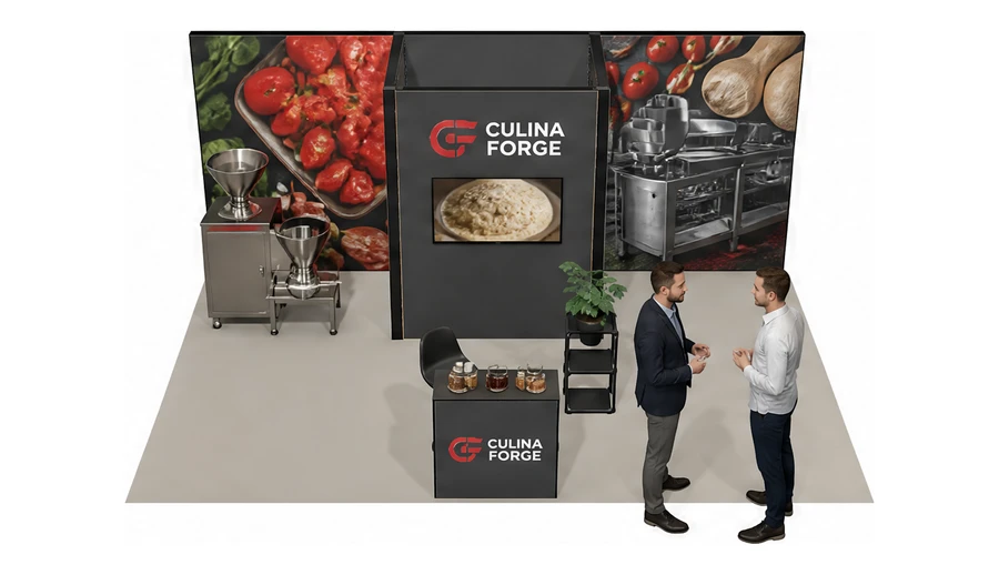 Stoisko 6 × 4 m półwyspowe dla branży technologie spożywcze, przykładowa marka Culina Forge