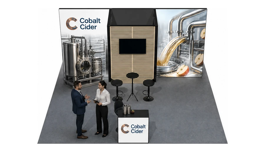 Stoisko 6 × 6 m półwyspowe dla branży technologie spożywcze, przykładowa marka Cobalt Cider