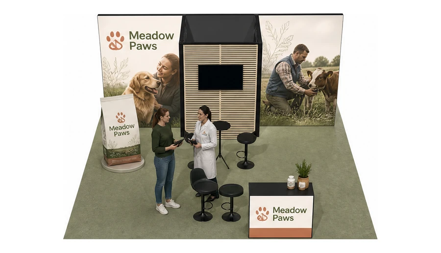 Stoisko 6 × 6 m półwyspowe dla branży weterynaria, przykładowa marka Meadow Paws