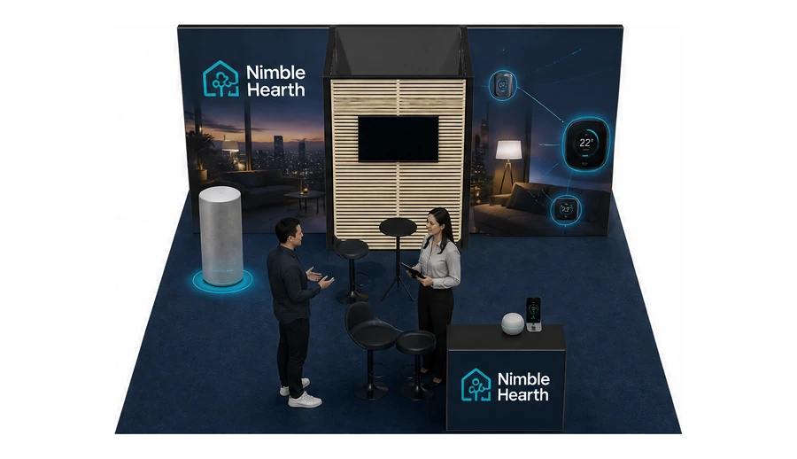 Stoisko 6 × 6 m półwyspowe dla branży smart home i IoT, przykładowa marka Nimble Hearth
