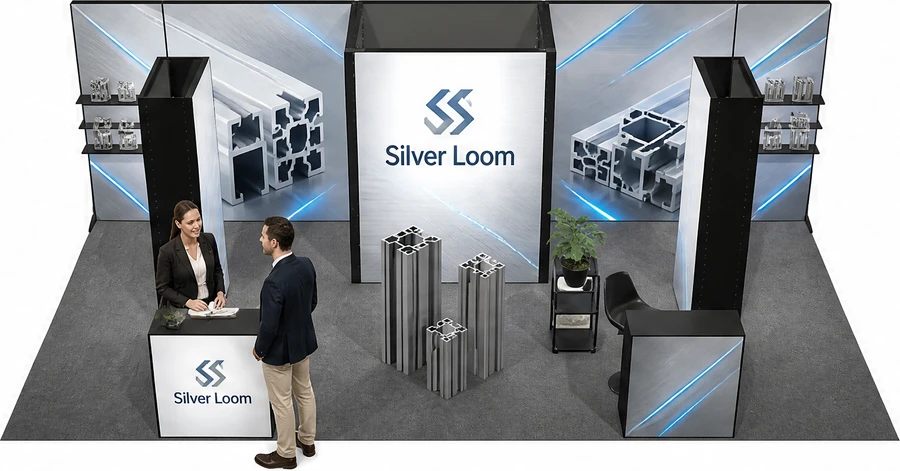 Stoisko 8 × 4 m półwyspowe dla branży profile aluminiowe, przykładowa marka Silver Loom