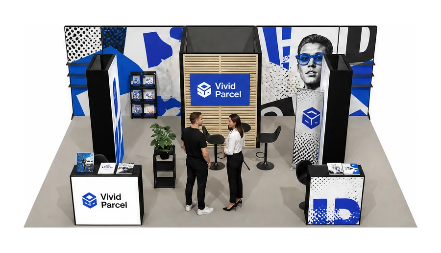 Stoisko 8 × 5 m półwyspowe dla branży reklama i druk, przykładowa marka Vivid Parcel