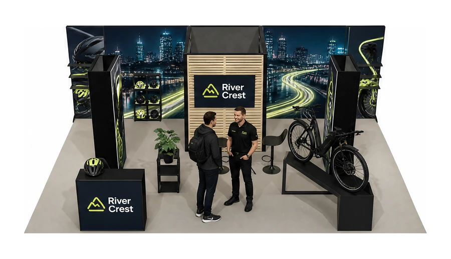 Stoisko 8 × 5 m półwyspowe dla branży rowery elektryczne, przykładowa marka River Crest