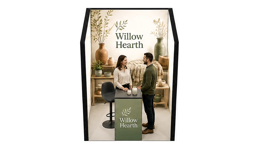 Stoisko 2 × 2 m szeregowe dla branży dekoracje i upominki, przykładowa marka Willow Hearth