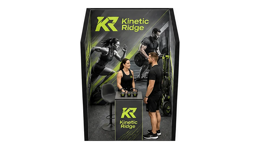 Stoisko 2 × 2 m szeregowe dla branży fitness i siłownie, przykładowa marka Kinetic Ridge