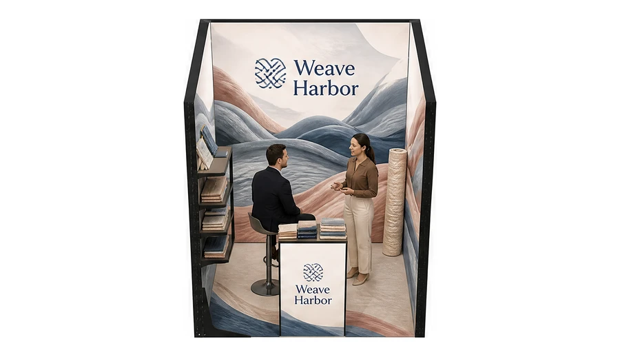 Stoisko 2 × 2 m szeregowe dla branży tekstylia i tkaniny, przykładowa marka Weave Harbor