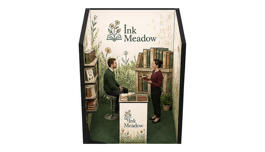 Stoisko 2 × 2 m szeregowe dla branży wydawnictwa, przykładowa marka Ink Meadow