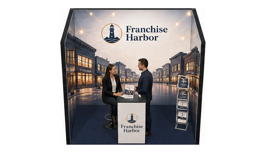 Stoisko 3 × 2 m szeregowe dla branży franczyza i sieci, przykładowa marka Franchise Harbor