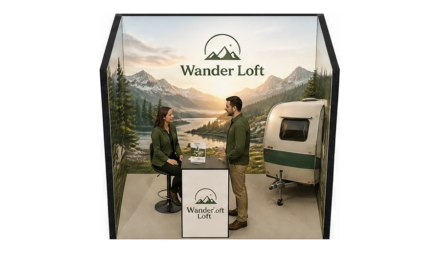 Stoisko 3 × 2 m szeregowe dla branży caravaning i kampery, przykładowa marka Wander Loft