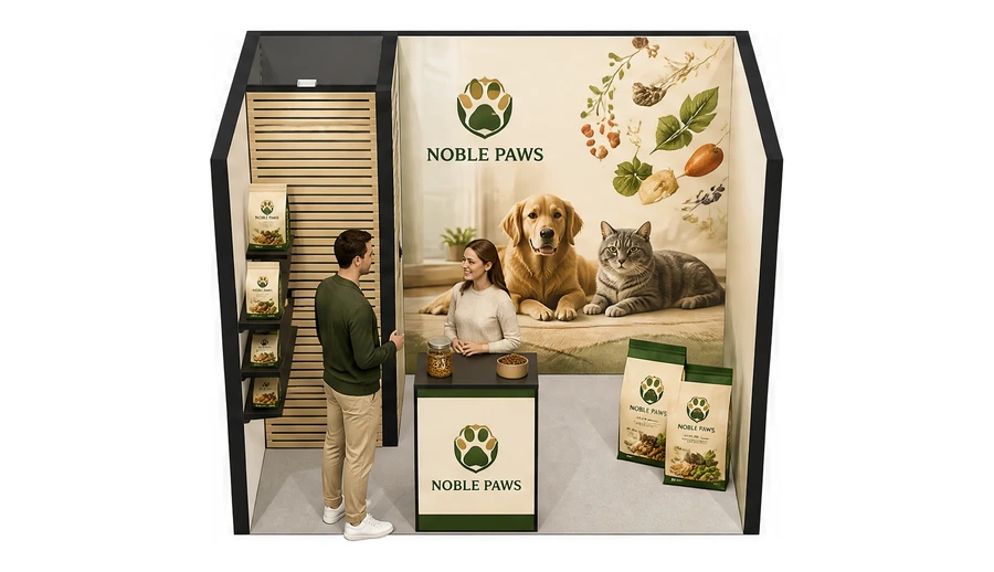 Stoisko 3 × 2 m szeregowe dla branży karma dla zwierząt, przykładowa marka Noble Paws