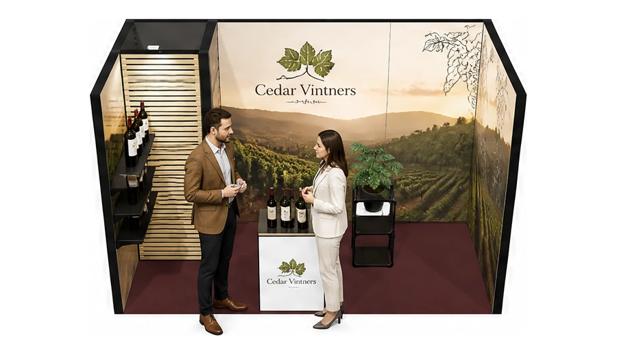 Stoisko 4 × 2 m szeregowe dla branży winnica, przykładowa marka Cedar Vintners