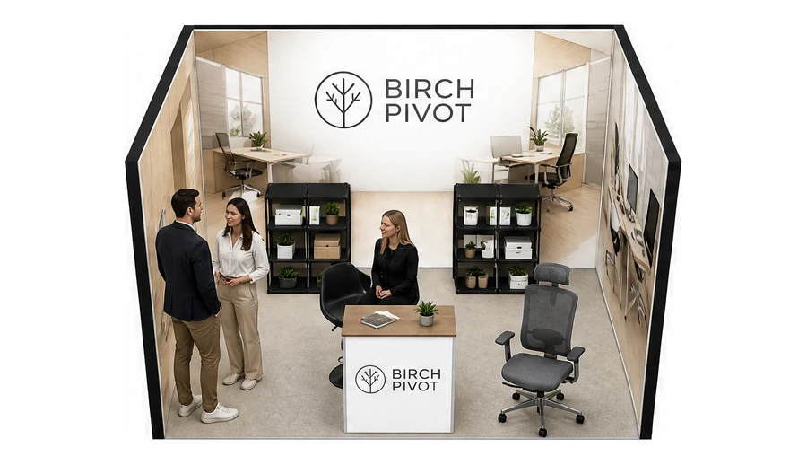 Stoisko 4 × 3 m szeregowe dla branży meble biurowe, przykładowa marka Birch Pivot