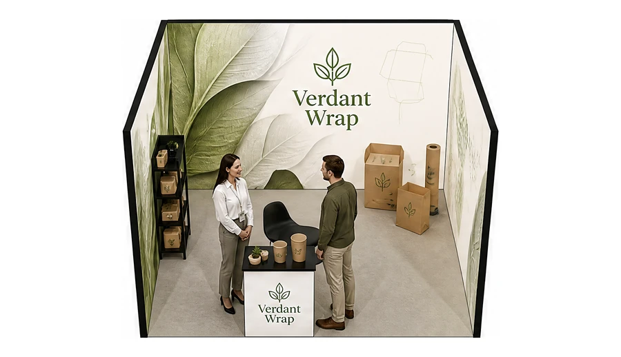 Stoisko 4 × 4 m szeregowe dla branży opakowania ekologiczne, przykładowa marka Verdant Wrap