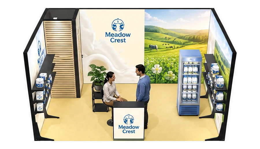 Stoisko 5 × 3 m szeregowe dla branży nabiał i mleczarstwo, przykładowa marka Meadow Crest