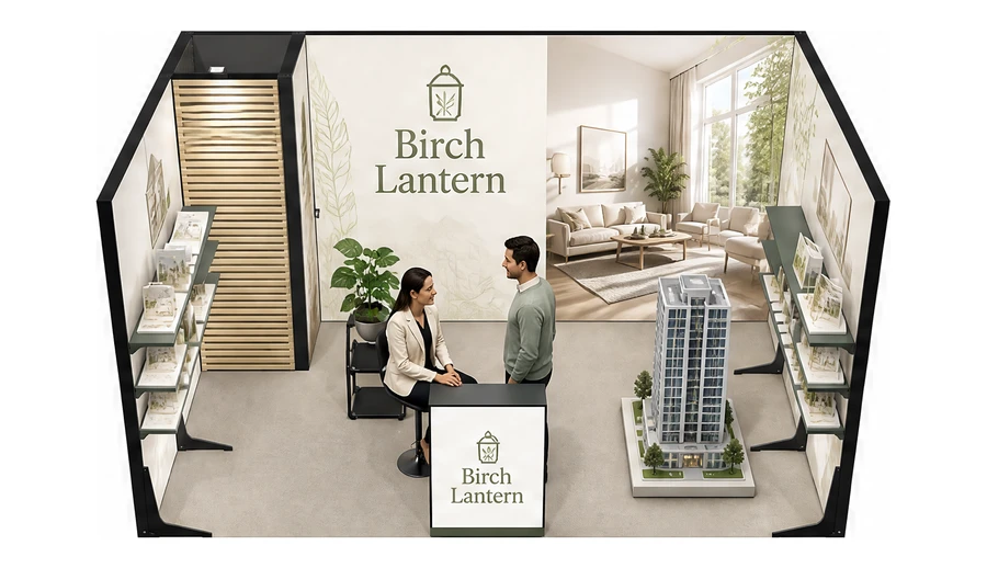 Stoisko 5 × 3 m szeregowe dla branży deweloperzy i nieruchomości, przykładowa marka Birch Lantern