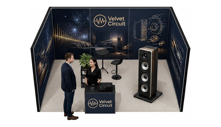 Stoisko 5 × 4 m szeregowe dla branży sprzęt audio-video, przykładowa marka Velvet Circuit