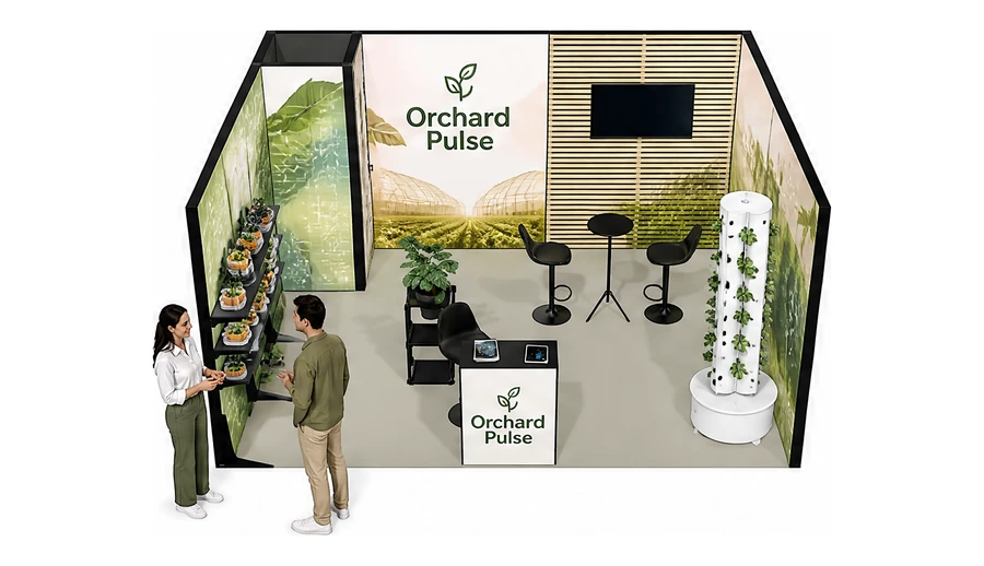 Stoisko 5 × 4 m szeregowe dla branży sadownictwo i warzywnictwo, przykładowa marka Orchard Pulse