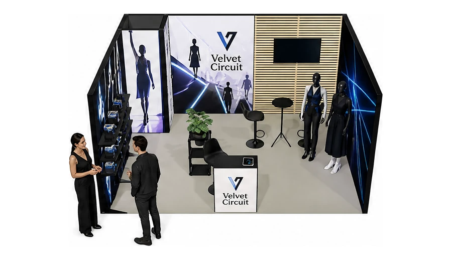 Stoisko 5 × 4 m szeregowe dla branży odzież i moda, przykładowa marka Velvet Circuit