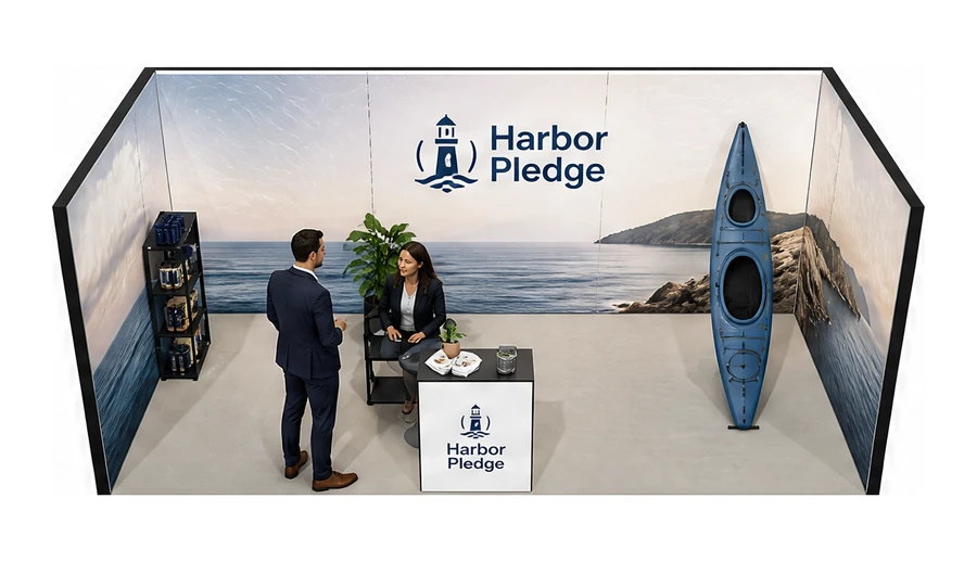 Stoisko 6 × 3 m szeregowe dla branży ubezpieczenia, przykładowa marka Harbor Pledge
