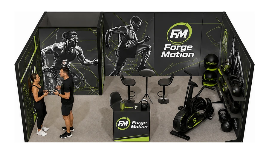 Stoisko 6 × 4 m szeregowe dla branży fitness i siłownie, przykładowa marka Forge Motion