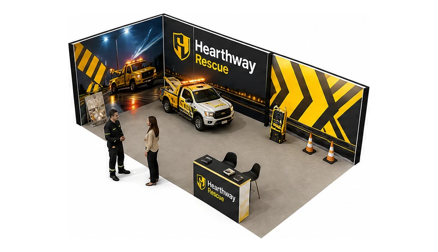 Stoisko 10 × 5 m narożne lewe dla branży pomoc drogowa i lawety, przykładowa marka Hearthway Rescue