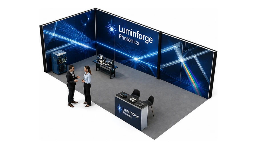 Stoisko 10 × 5 m narożne lewe dla branży technika laserowa i fotonika, przykładowa marka Luminforge Photonics