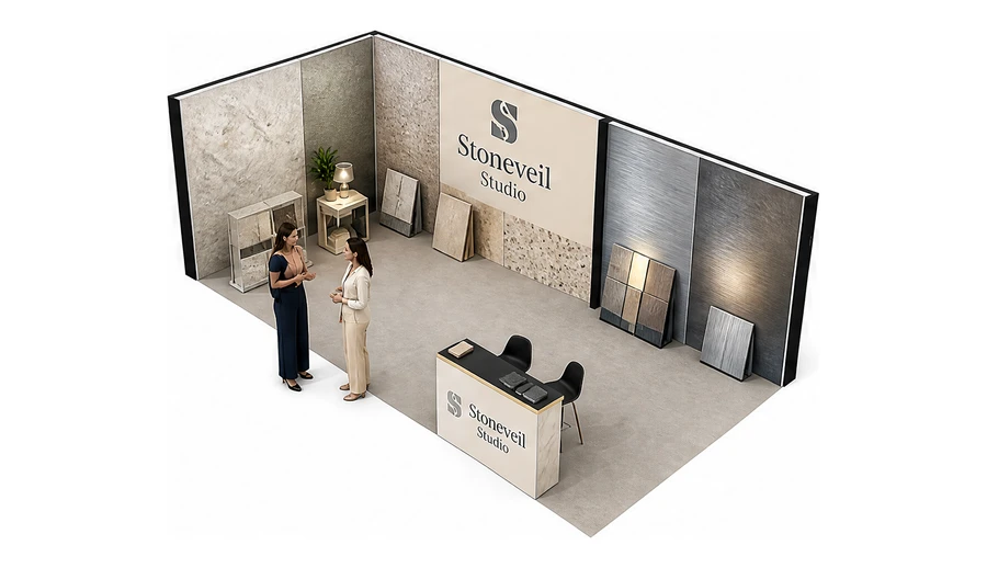 Stoisko 10 × 5 m narożne lewe dla branży wykończenie wnętrz, przykładowa marka Stoneveil Studio