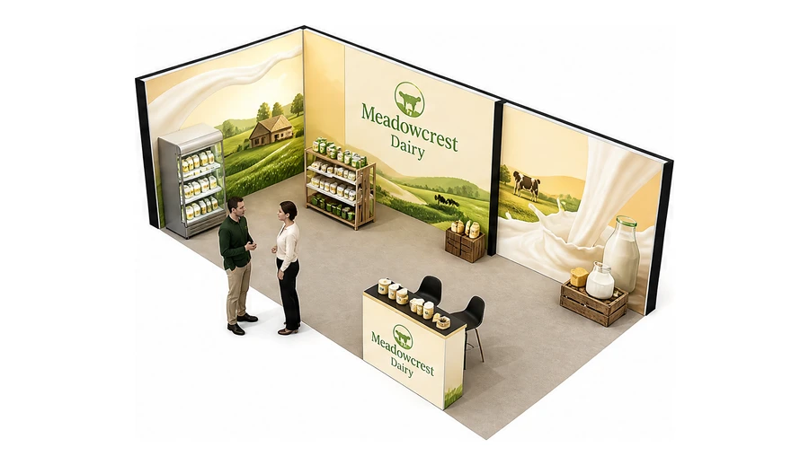 Stoisko 10 × 5 m narożne lewe dla branży nabiał i mleczarstwo, przykładowa marka Meadowcrest Dairy