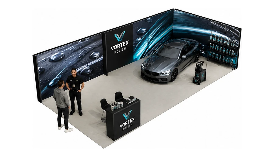 Stoisko 10 × 5 m narożne prawe dla branży tuning i detailing, przykładowa marka Vortex Polish