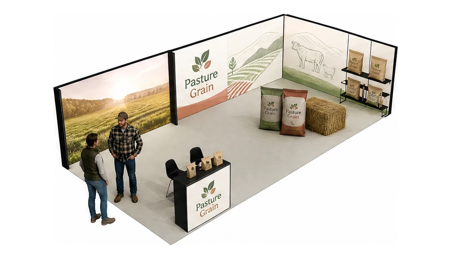 Stoisko 10 × 5 m narożne prawe dla branży hodowla i pasze, przykładowa marka Pasture Grain