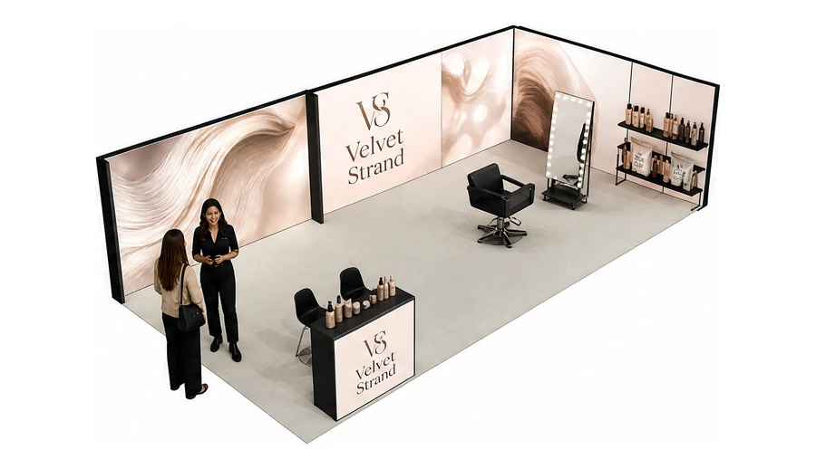 Stoisko 10 × 5 m narożne prawe dla branży fryzjerstwo i salony beauty, przykładowa marka Velvet Strand