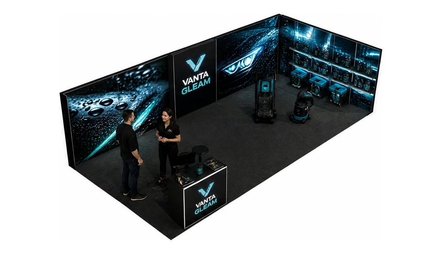Stoisko 10 × 5 m narożne prawe dla branży tuning i detailing, przykładowa marka Vanta Gleam