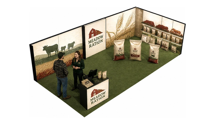 Stoisko 10 × 5 m narożne prawe dla branży hodowla i pasze, przykładowa marka Meadow Ration