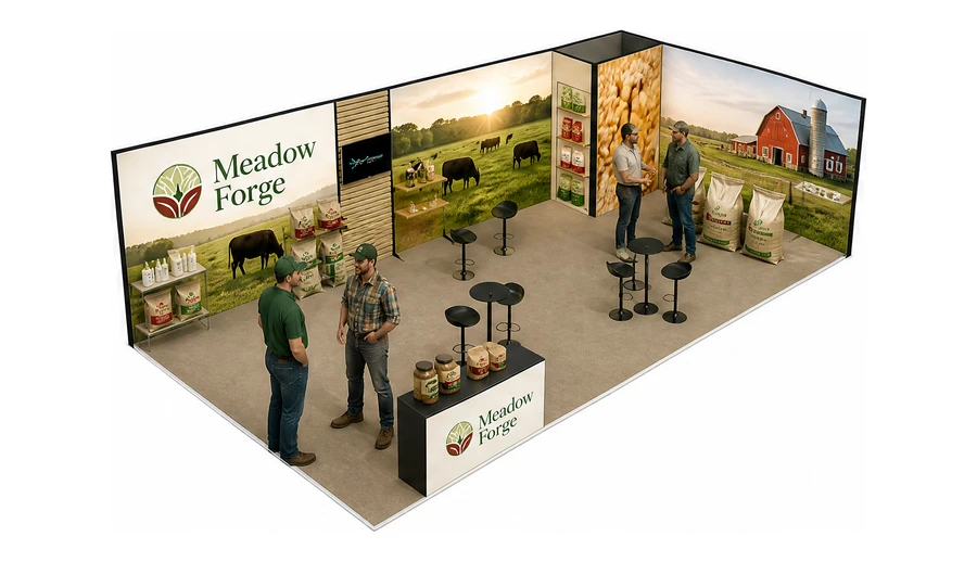 Stoisko 10 × 5 m narożne prawe dla branży hodowla i pasze, przykładowa marka Meadow Forge