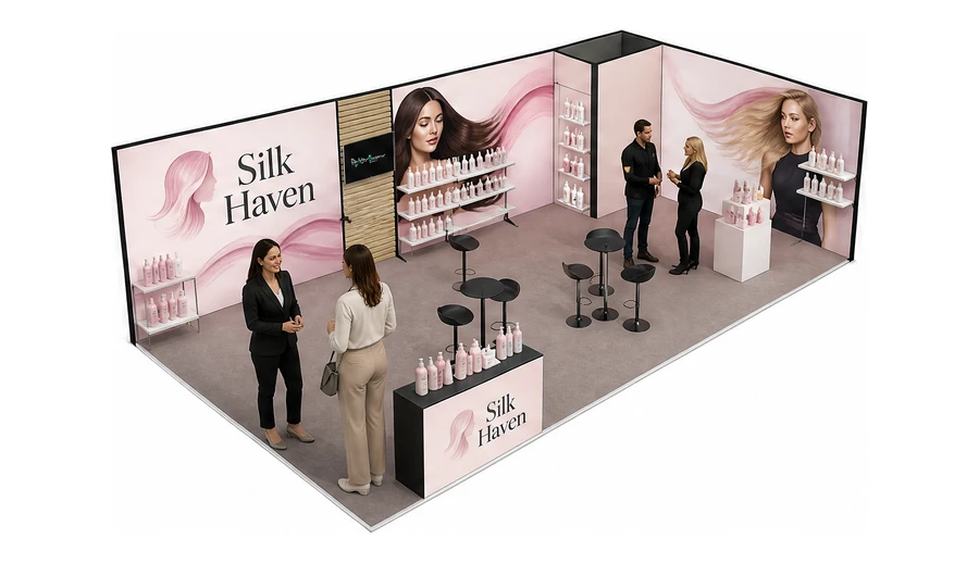 Stoisko 10 × 5 m narożne prawe dla branży fryzjerstwo i salony beauty, przykładowa marka Silk Haven