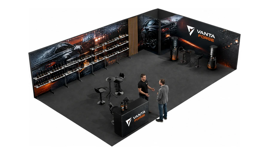 Stoisko 10 × 5 m narożne prawe dla branży tuning i detailing, przykładowa marka Vanta Forge