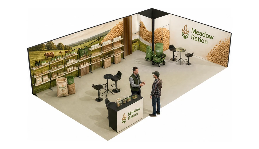 Stoisko 10 × 5 m narożne prawe dla branży hodowla i pasze, przykładowa marka Meadow Ration