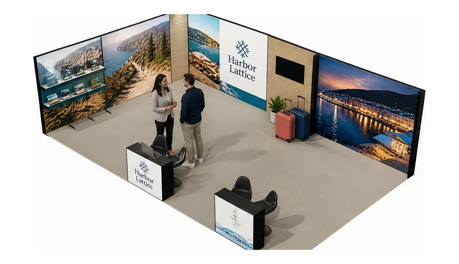 Stoisko 10 × 6 m narożne lewe dla branży biura podróży i regiony, przykładowa marka Harbor Lattice