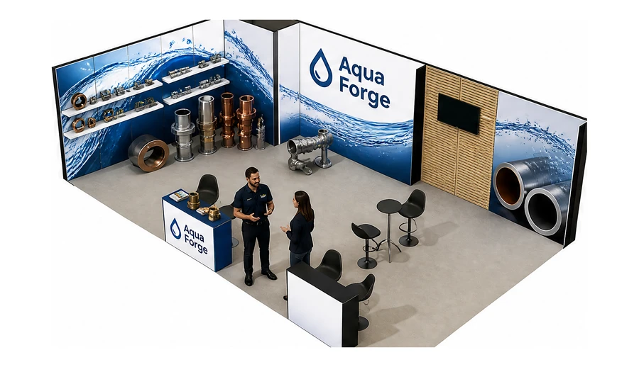Stoisko 10 × 6 m narożne lewe dla branży instalacje wodno-kanalizacyjne, przykładowa marka Aqua Forge