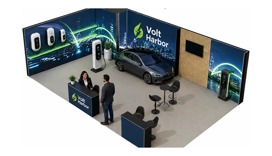 Stoisko 10 × 6 m narożne lewe dla branży elektromobilność i ładowarki, przykładowa marka Volt Harbor
