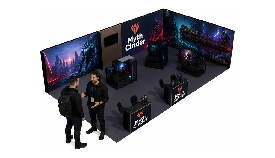 Stoisko 10 × 6 m narożne prawe dla branży gry wideo, przykładowa marka Myth Cinder