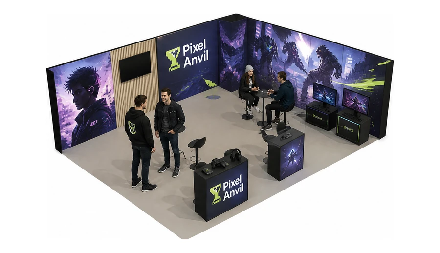 Stoisko 10 × 6 m narożne prawe dla branży gry wideo, przykładowa marka Pixel Anvil