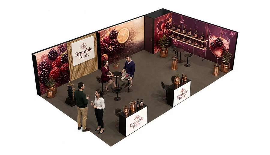 Stoisko 10 × 6 m narożne prawe dla branży napoje, przykładowa marka Bramble Tonic
