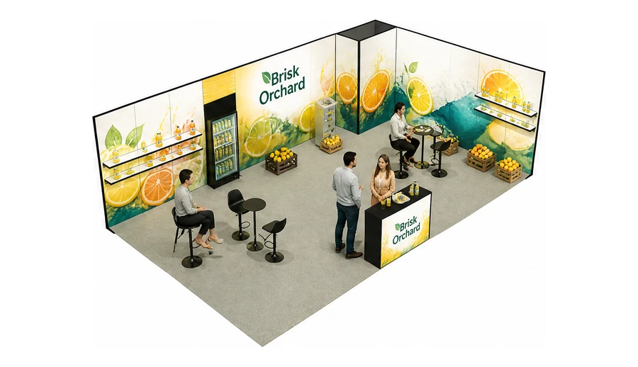 Stoisko 10 × 6 m narożne prawe dla branży napoje, przykładowa marka Brisk Orchard