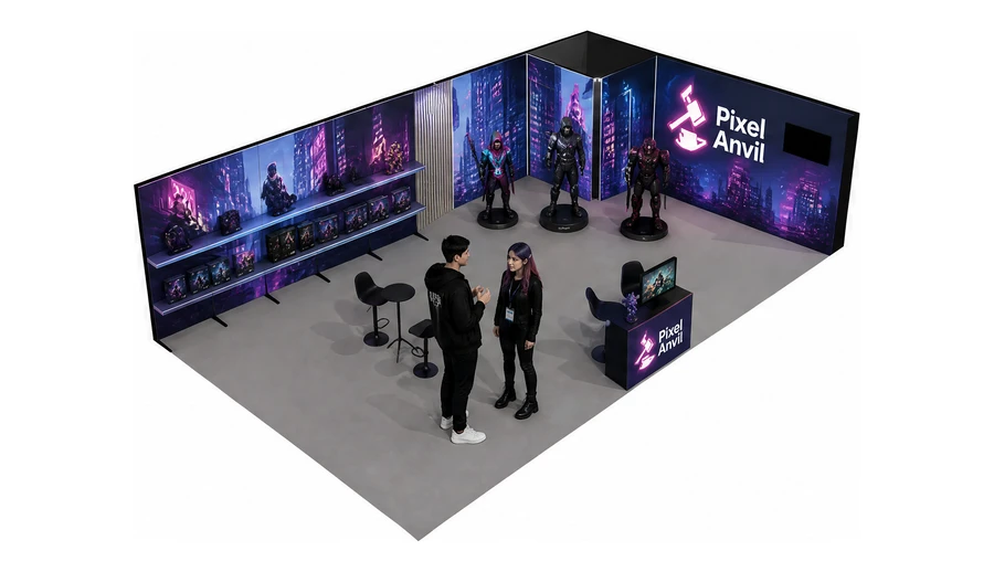 Stoisko 10 × 6 m narożne prawe dla branży gry wideo, przykładowa marka Pixel Anvil