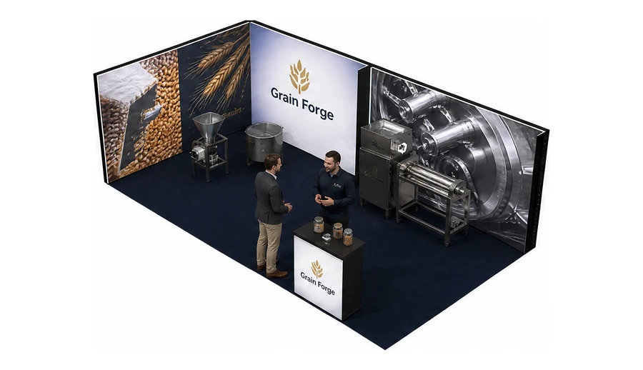 Stoisko 8 × 4 m narożne lewe dla branży technologie spożywcze, przykładowa marka Grain Forge