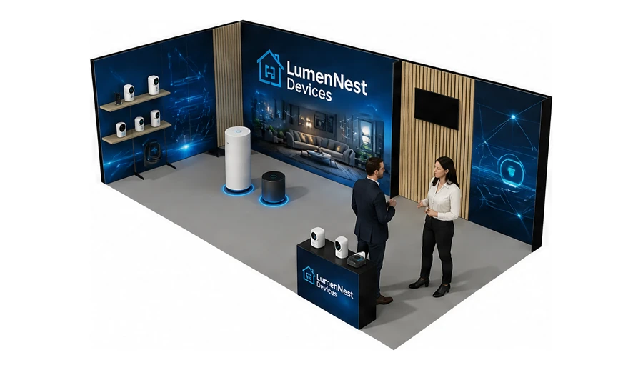 Stoisko 8 × 4 m narożne lewe dla branży smart home i IoT, przykładowa marka LumenNest Devices